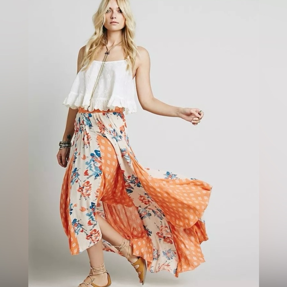 Free People sheer asymmetrical bohemian chiffon pleated retro skirt